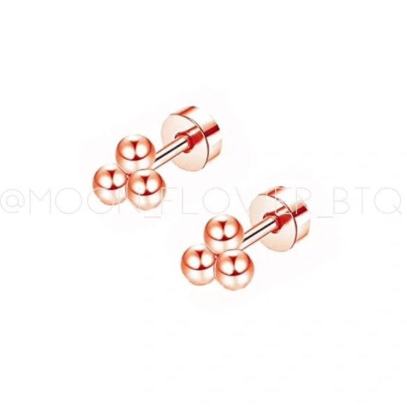 Tiny Rose Gold Triple Ball Dot Flat Back Earrings - Picture 1 of 7